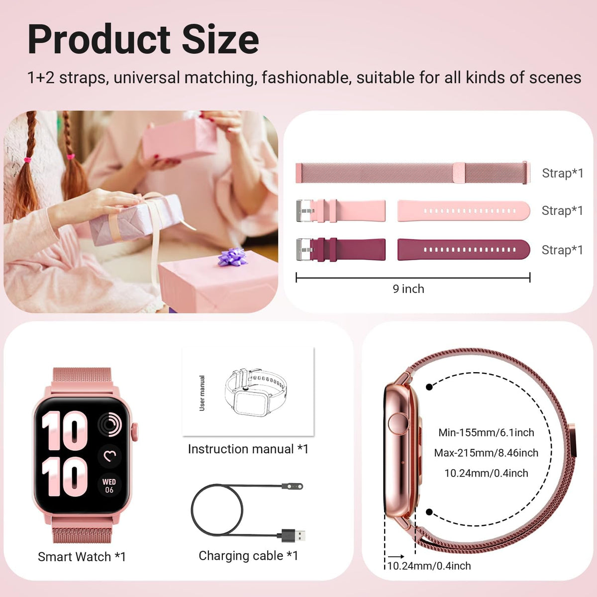Smart Watches for Women, 1.83'' HD Fitness Tracker with Answer/Make Calls, Heart Rate/Sleep/SpO2 Monitor, 120+ Sport Modes, IP68 Waterproof, Compatible iPhone/Android Rose Pink
