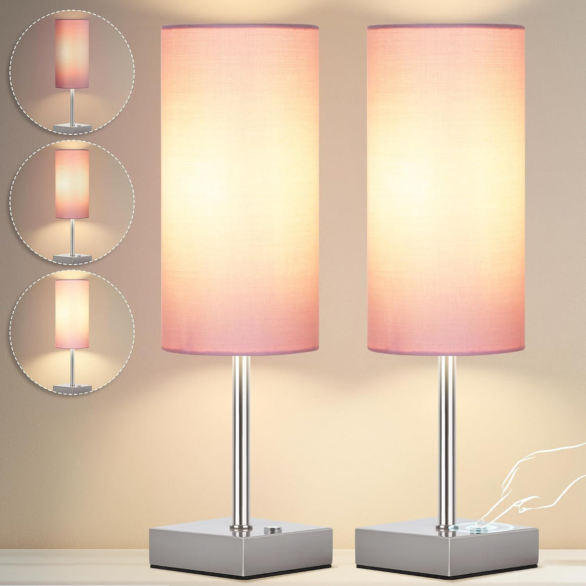 Cordless Table Lamp with Dimmable, Rechargeable 3 Modes Battery Powered Bedside Lamp, Battery Operated Lamps for Night Stand, Touch Lamp for Bedroom, Living Room, 15 Inch Pink 2PK