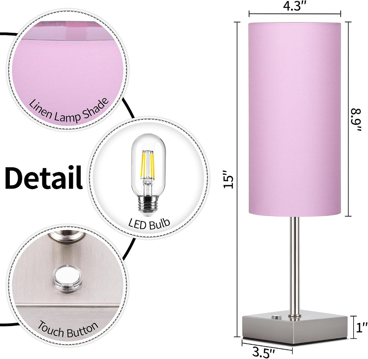 Cordless Table Lamp with Dimmable, Rechargeable 3 Modes Battery Powered Bedside Lamp, Battery Operated Lamps for Night Stand, Touch Lamp for Bedroom, Living Room, 15 Inch Pink 2PK