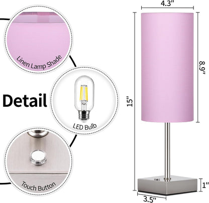 Cordless Table Lamp with Dimmable, Rechargeable 3 Modes Battery Powered Bedside Lamp, Battery Operated Lamps for Night Stand, Touch Lamp for Bedroom, Living Room, 15 Inch Pink 2PK