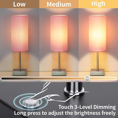Cordless Table Lamp with Dimmable, Rechargeable 3 Modes Battery Powered Bedside Lamp, Battery Operated Lamps for Night Stand, Touch Lamp for Bedroom, Living Room, 15 Inch Pink 2PK