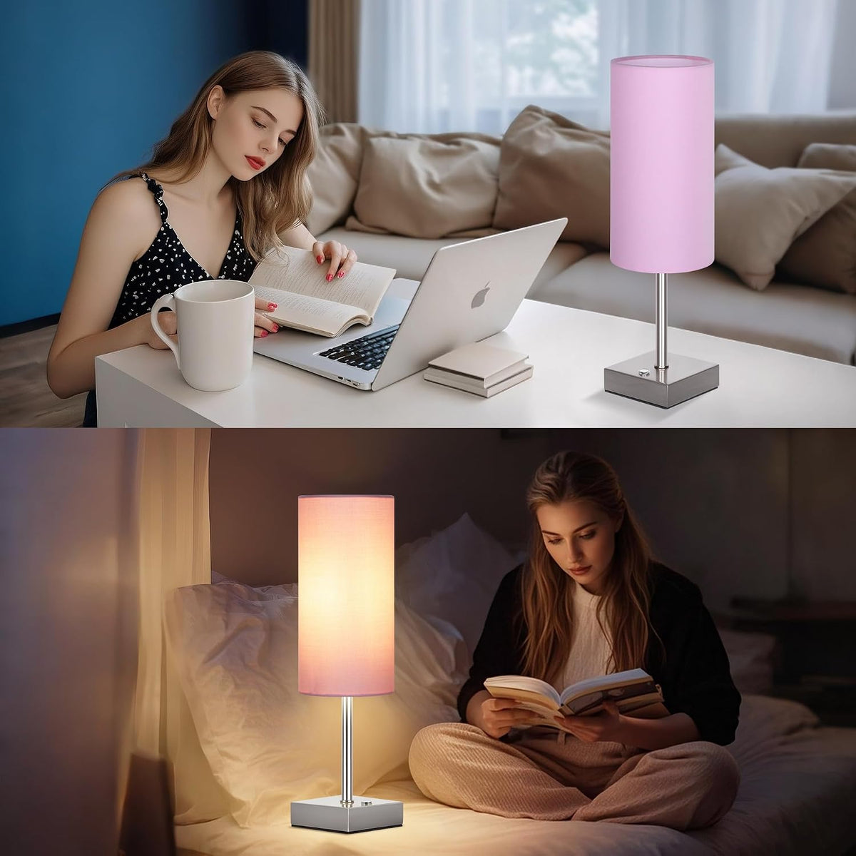 Cordless Table Lamp with Dimmable, Rechargeable 3 Modes Battery Powered Bedside Lamp, Battery Operated Lamps for Night Stand, Touch Lamp for Bedroom, Living Room, 15 Inch Pink 2PK