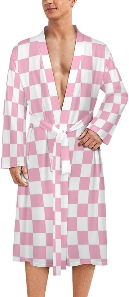 Pink Pastel Checkered Print Robes for Men Women, Soft Bathrobe Long Men Womens Robes Lightweight Cozy Bath Robe
