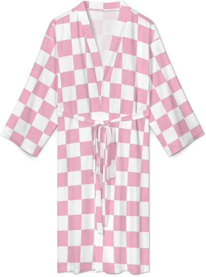 Pink Pastel Checkered Print Robes for Men Women, Soft Bathrobe Long Men Womens Robes Lightweight Cozy Bath Robe
