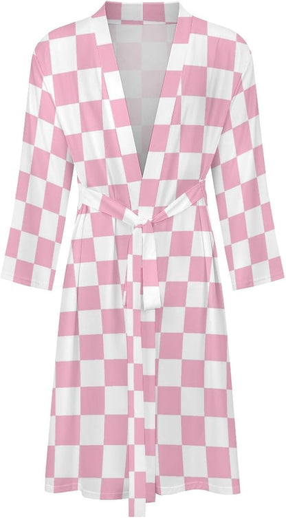 Pink Pastel Checkered Print Robes for Men Women, Soft Bathrobe Long Men Womens Robes Lightweight Cozy Bath Robe
