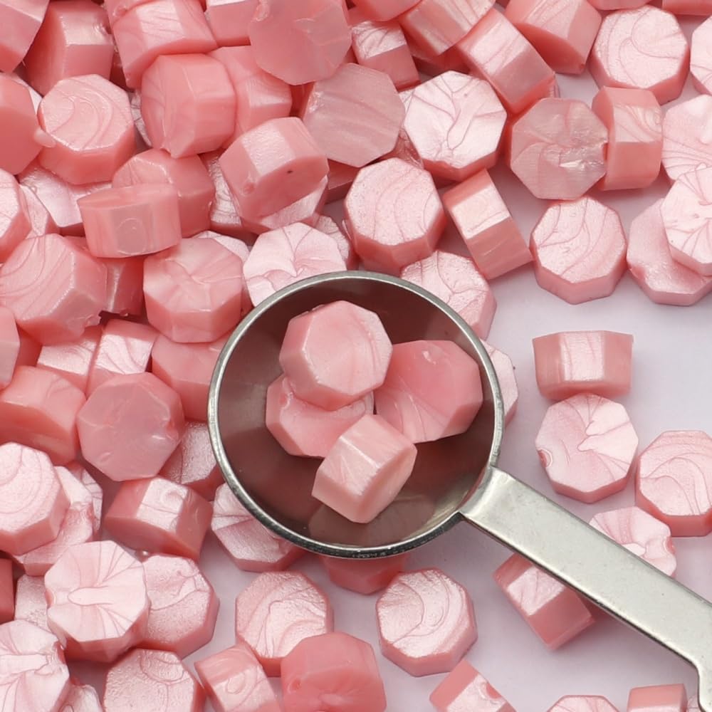 Wax Melts Wax Seal Beads,300 Pcs Pink Pearl Wax Seal Beads, Refilling Octagon Wax Sealing Beads for Wax Stamp Sealing, Perfect for Wedding Invitations, Christmas Cards（Pearl Pink）