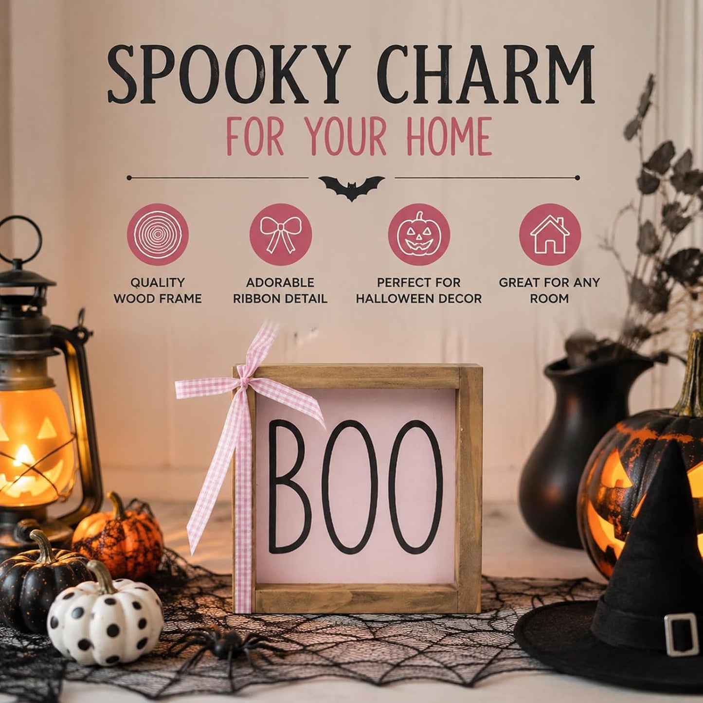 Boo Sign, Pink Halloween Wall Table Shelf Tiered Tray Home Decor