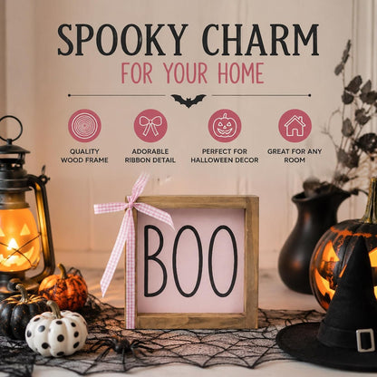 Boo Sign, Pink Halloween Wall Table Shelf Tiered Tray Home Decor