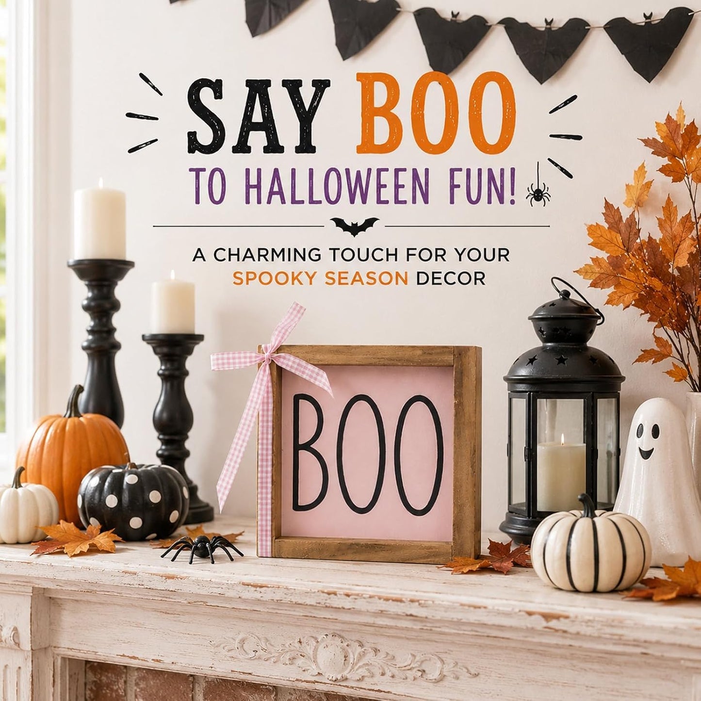 Boo Sign, Pink Halloween Wall Table Shelf Tiered Tray Home Decor