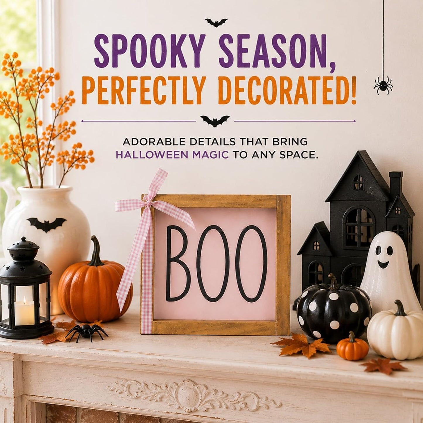 Boo Sign, Pink Halloween Wall Table Shelf Tiered Tray Home Decor