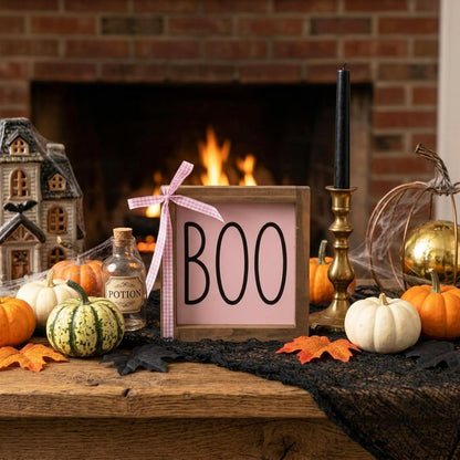 Boo Sign, Pink Halloween Wall Table Shelf Tiered Tray Home Decor
