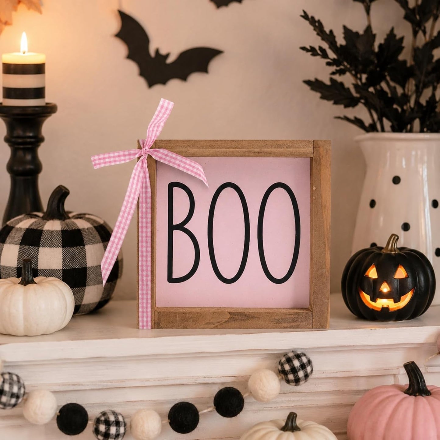 Boo Sign, Pink Halloween Wall Table Shelf Tiered Tray Home Decor