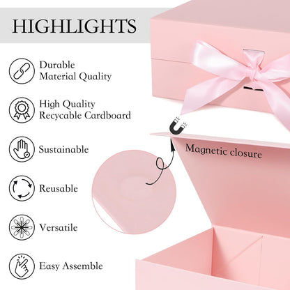 LFBOX Pink Gift Box with Ribbon Magnetic Lids 5 Pack
