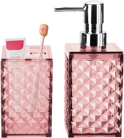 Pink Bathroom Accessories Set, Soap Dispenser and Toothbrush Holder