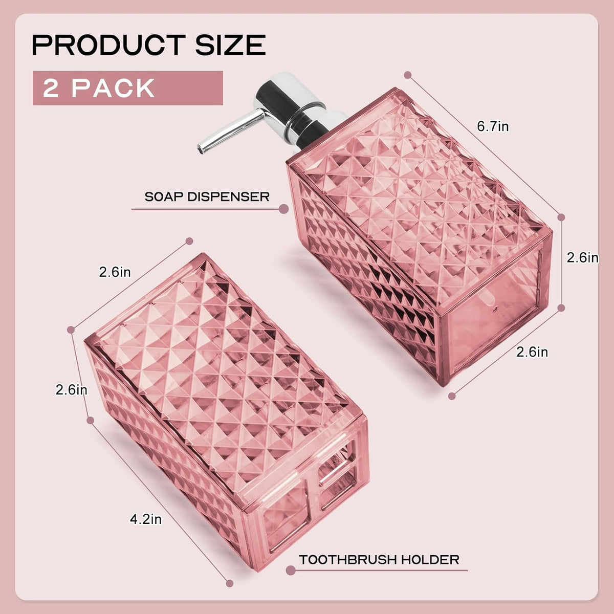 Pink Bathroom Accessories Set, Soap Dispenser and Toothbrush Holder