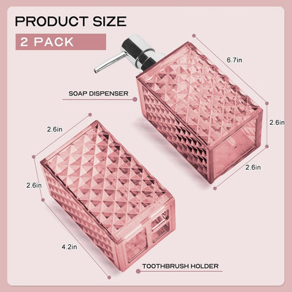 Pink Bathroom Accessories Set, Soap Dispenser and Toothbrush Holder