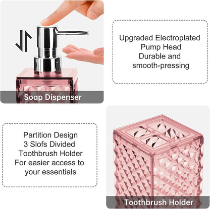 Pink Bathroom Accessories Set, Soap Dispenser and Toothbrush Holder