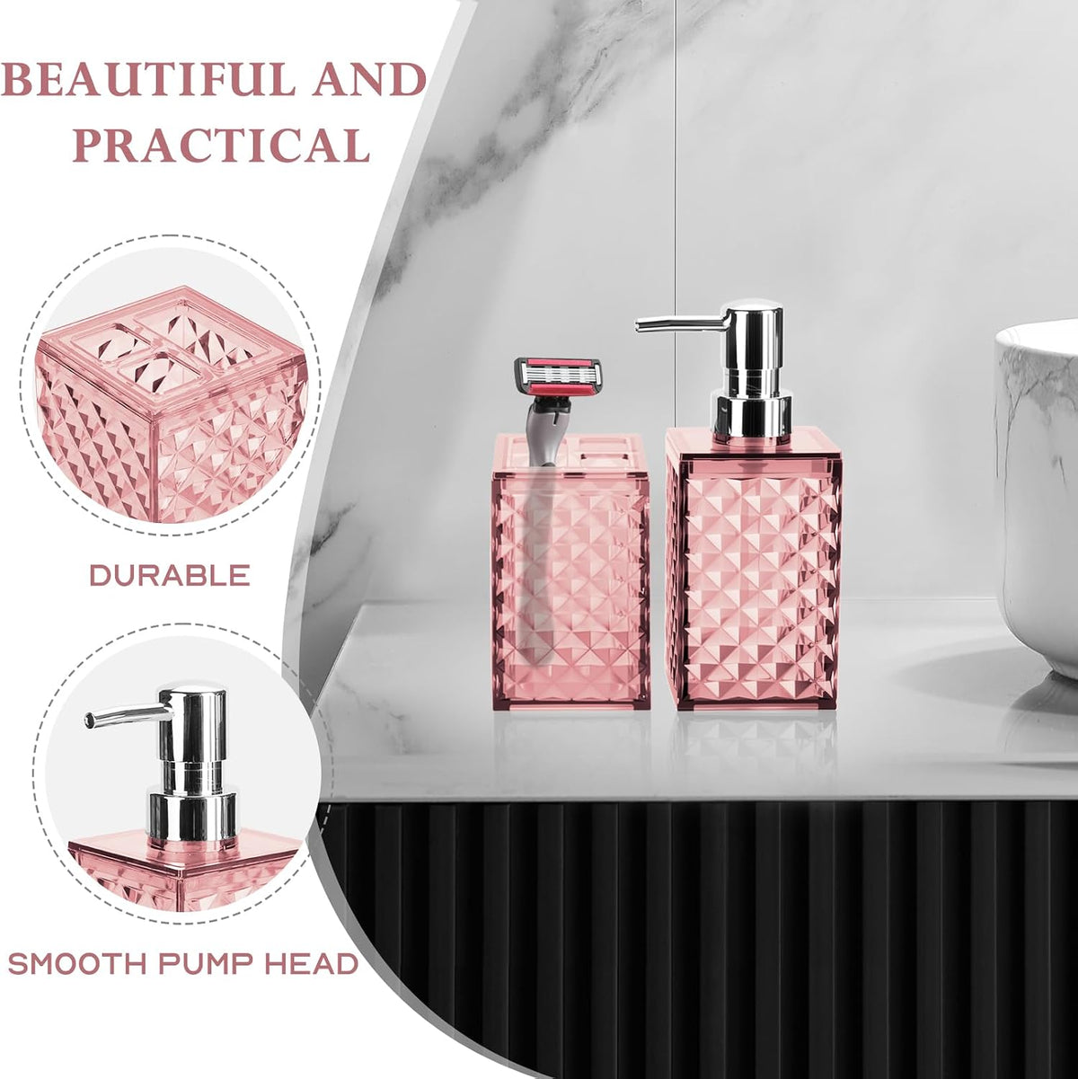 Pink Bathroom Accessories Set, Soap Dispenser and Toothbrush Holder