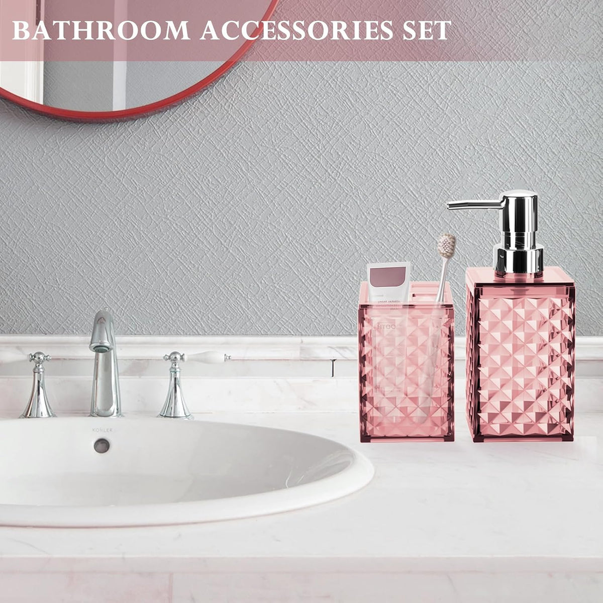 Pink Bathroom Accessories Set, Soap Dispenser and Toothbrush Holder