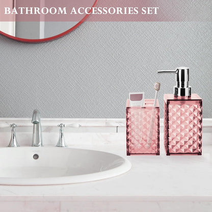 Pink Bathroom Accessories Set, Soap Dispenser and Toothbrush Holder