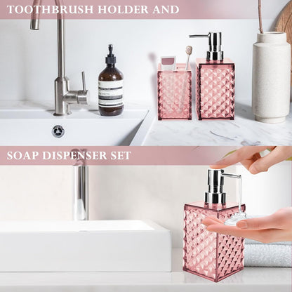Pink Bathroom Accessories Set, Soap Dispenser and Toothbrush Holder