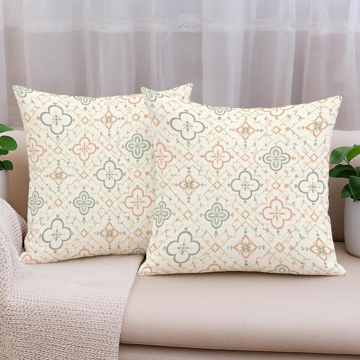 Flower Throw Pillow Covers Set of 2, Modern Bohemian Diamond Leaf Spring Pastel Peach with Hidden Zipper Cushion Covers Pillow for Living Room Bedroom Loft Office Car Decor 18x18 Inch