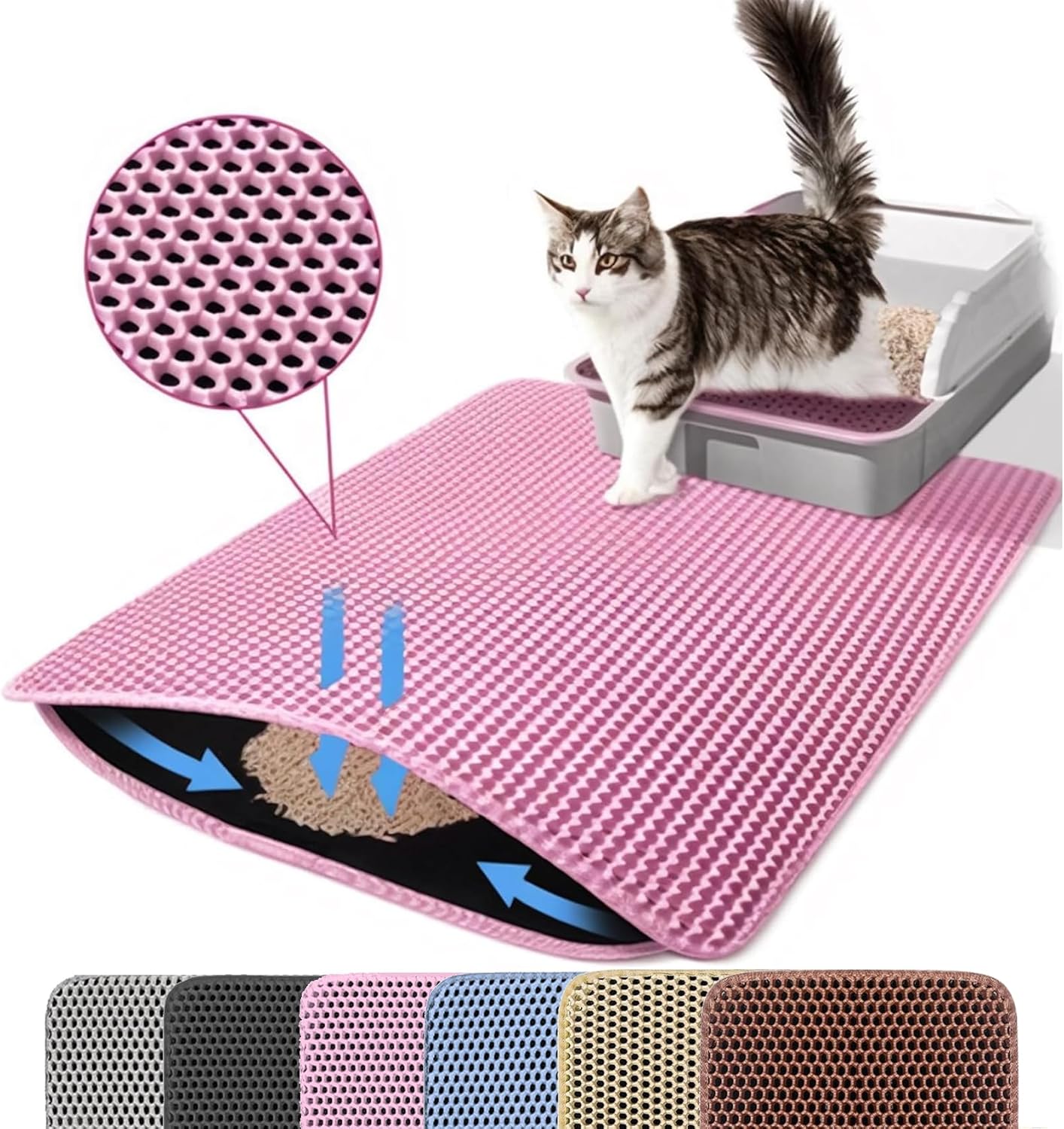 Cat Litter Mat, Double Layer Honeycomb Cat Litter Trapping Mat, Non Slip Waterproof Urine Proof Cat Litter Box Mat for Floor, Kitty Litter Rug, Cat Supplies, Pink, 30x22 Inches