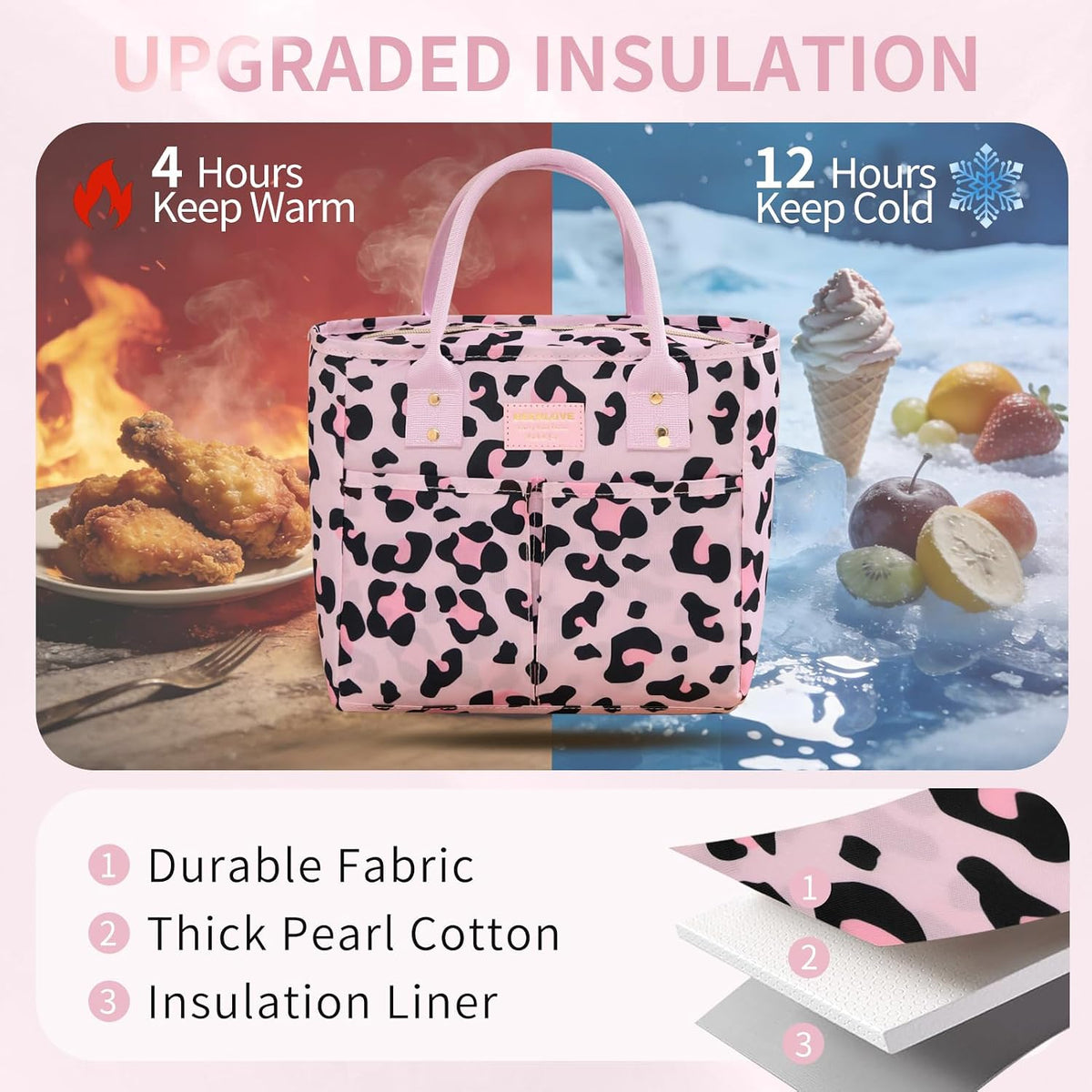 Lunch Bag Insulated,Adults Lunch Box with Pockets waterproof,Large Lunch Cooler for Office Hiking,Pink Leopard Print