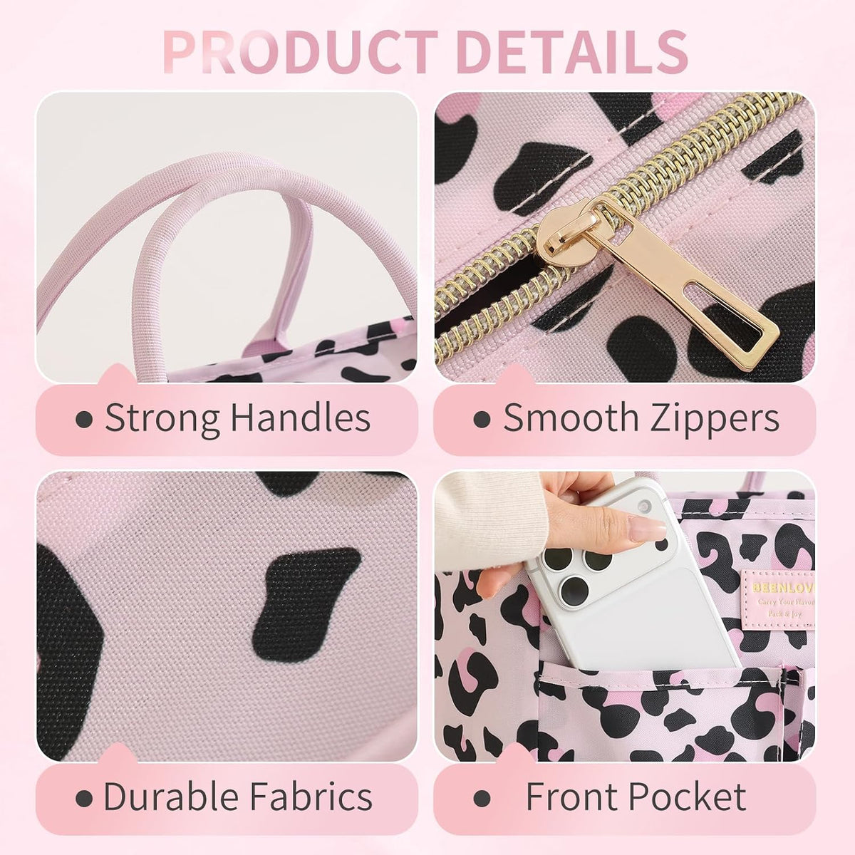 Lunch Bag Insulated,Adults Lunch Box with Pockets waterproof,Large Lunch Cooler for Office Hiking,Pink Leopard Print