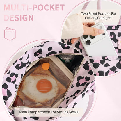 Lunch Bag Insulated,Adults Lunch Box with Pockets waterproof,Large Lunch Cooler for Office Hiking,Pink Leopard Print