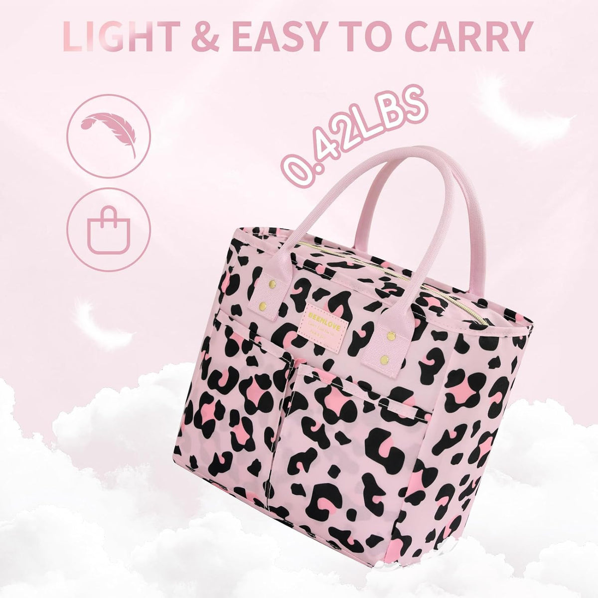 Lunch Bag Insulated,Adults Lunch Box with Pockets waterproof,Large Lunch Cooler for Office Hiking,Pink Leopard Print
