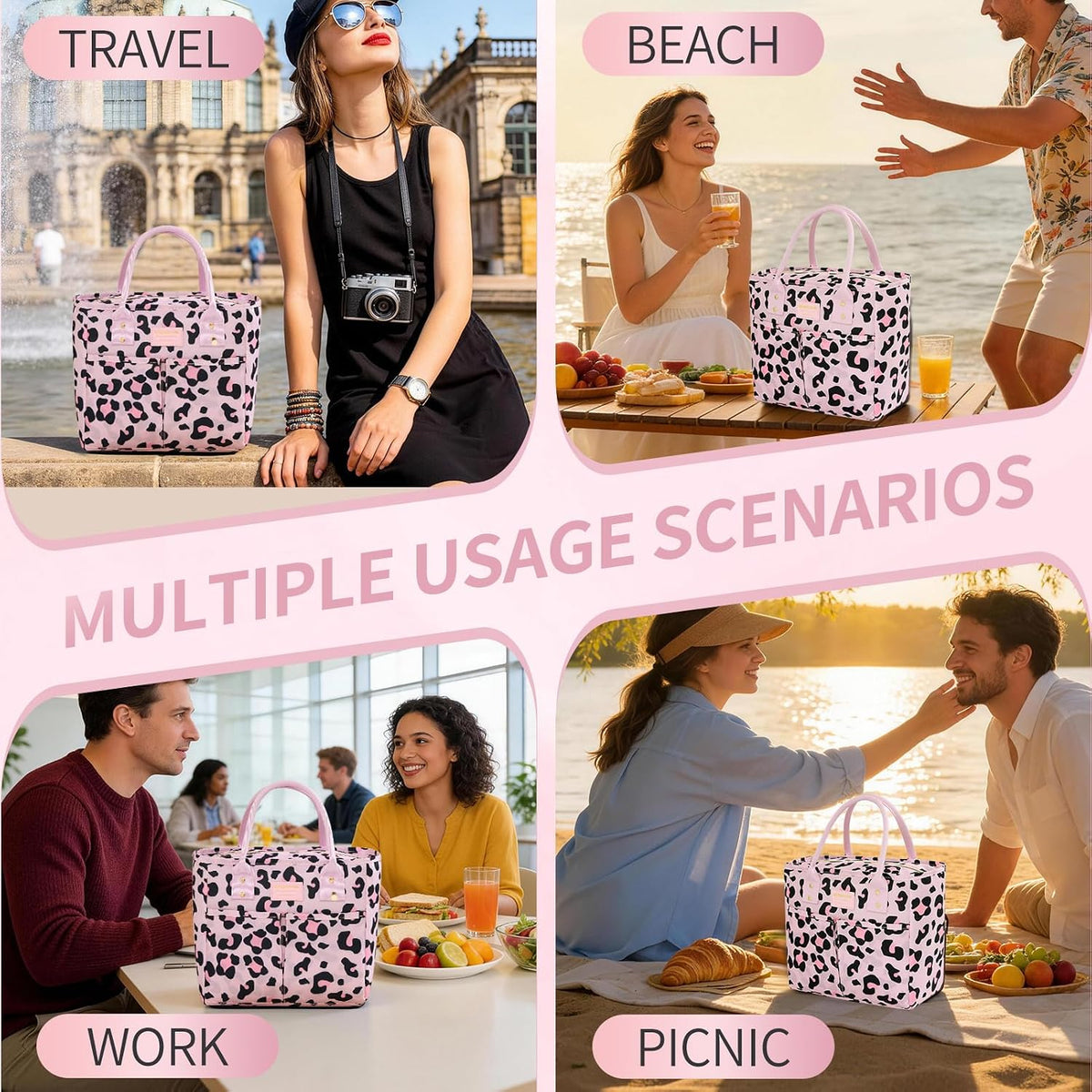 Lunch Bag Insulated,Adults Lunch Box with Pockets waterproof,Large Lunch Cooler for Office Hiking,Pink Leopard Print