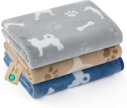 Bedsure 3-Pack Dog Blanket, Ultra-Soft Flannel Fleece Puppy Blanket with Cute Dog Prints, Machine Washable Pet Blanket for Indoor Crate Bed & Travel, Pet Throw Blanket for Small Doggy Kitten, 23x16