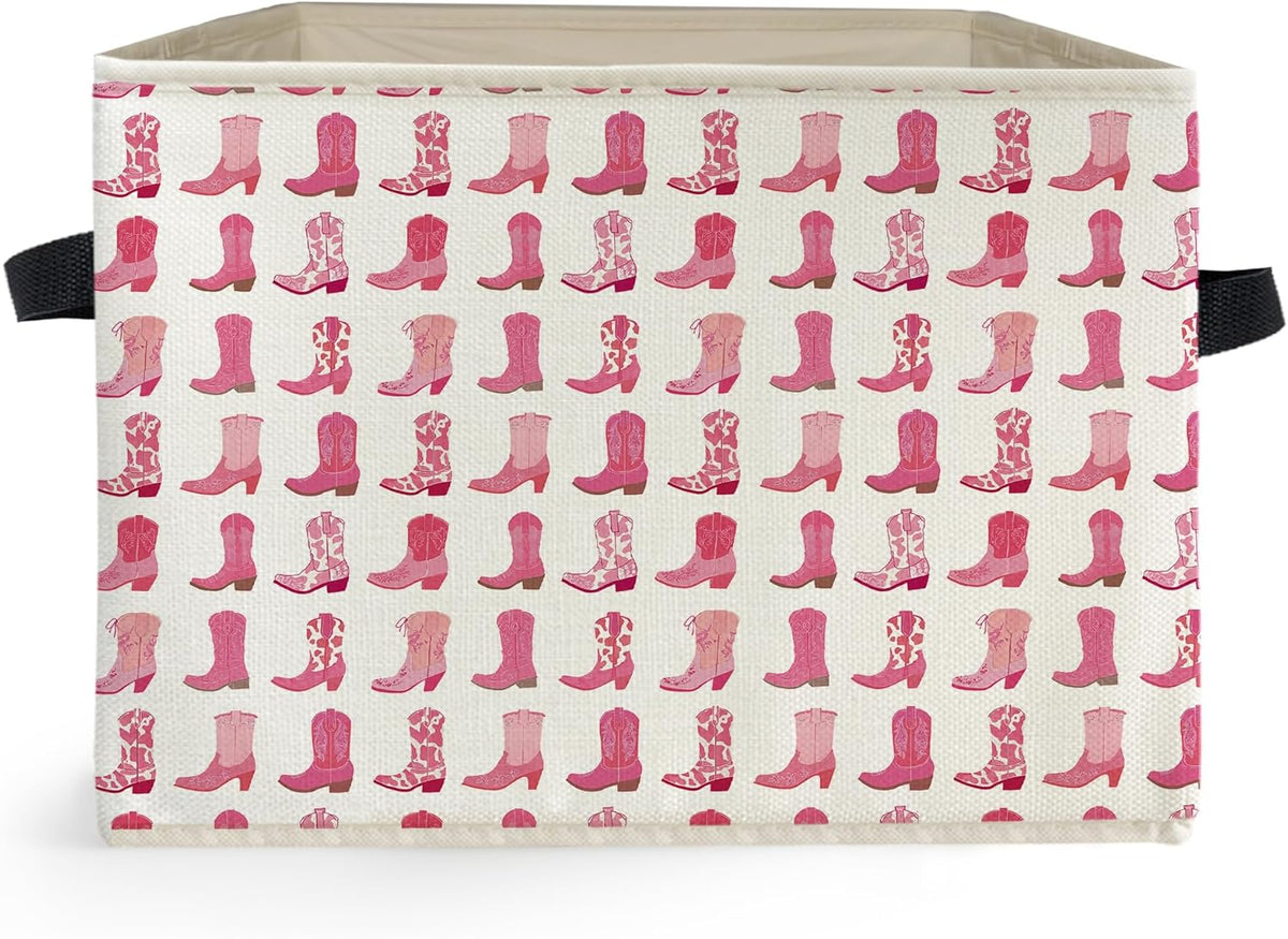 Western Pink Cowgirl Boots Storage Box Bins, Trendy Preppy Cowgirl Western Collapsible Storage Basket Organizer for Girls Bedroom Bathroom Home Clothes Books, Decor for Room