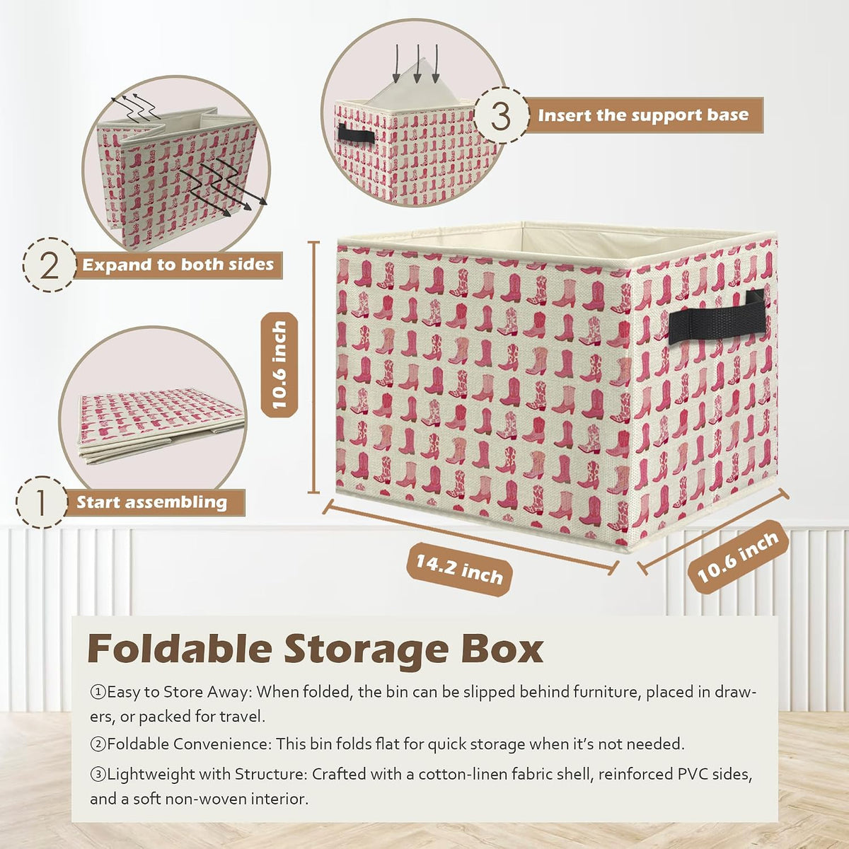 Western Pink Cowgirl Boots Storage Box Bins, Trendy Preppy Cowgirl Western Collapsible Storage Basket Organizer for Girls Bedroom Bathroom Home Clothes Books, Decor for Room