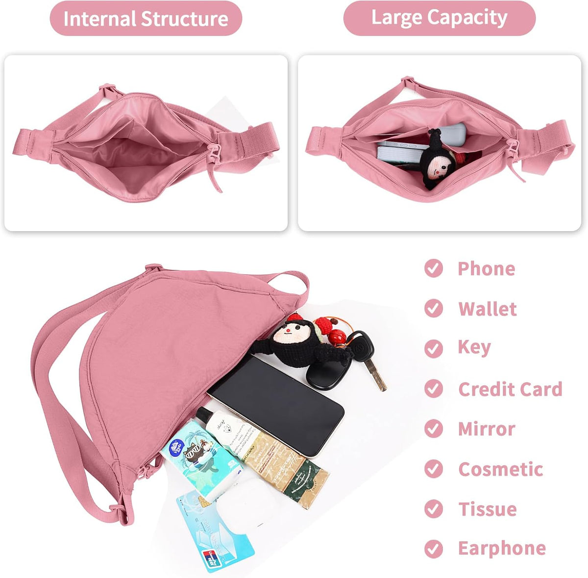 Nylon Crescent Crossbody Bag for Women Purses Trendy Men,Small Travel Sling Bag Hobo