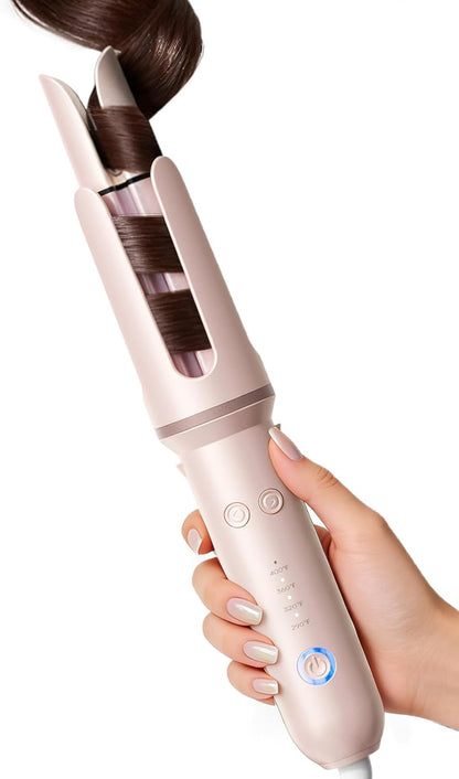 Automatic Curling Iron, 4 Temp, 1.25" Rotating Curling Wand for Beach Waves &Loose Curls, Ionic Ceramic Barrel, Anti-Scald&Tangle, Dual Voltage, Pink