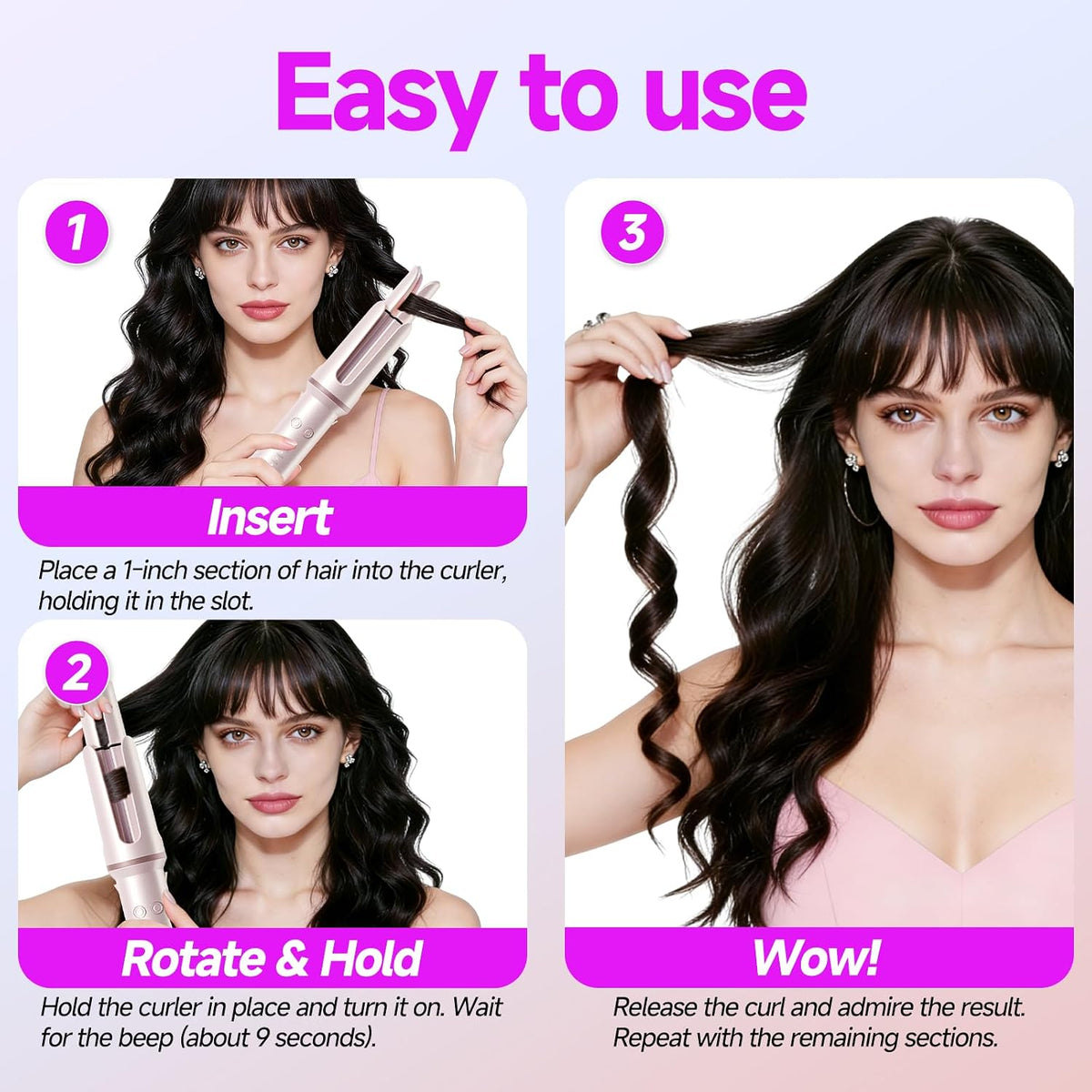 Automatic Curling Iron, 4 Temp, 1.25" Rotating Curling Wand for Beach Waves &Loose Curls, Ionic Ceramic Barrel, Anti-Scald&Tangle, Dual Voltage, Pink