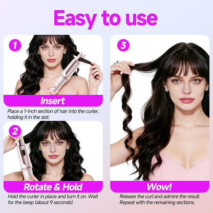 Automatic Curling Iron, 4 Temp, 1.25" Rotating Curling Wand for Beach Waves &Loose Curls, Ionic Ceramic Barrel, Anti-Scald&Tangle, Dual Voltage, Pink