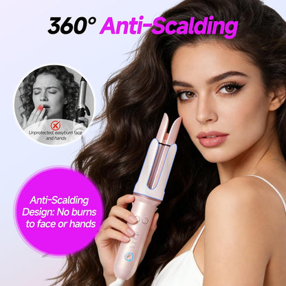 Automatic Curling Iron, 4 Temp, 1.25" Rotating Curling Wand for Beach Waves &Loose Curls, Ionic Ceramic Barrel, Anti-Scald&Tangle, Dual Voltage, Pink