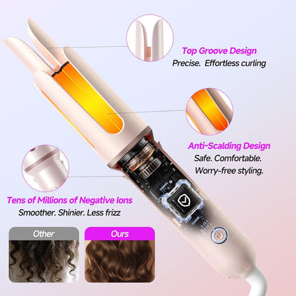 Automatic Curling Iron, 4 Temp, 1.25" Rotating Curling Wand for Beach Waves &Loose Curls, Ionic Ceramic Barrel, Anti-Scald&Tangle, Dual Voltage, Pink