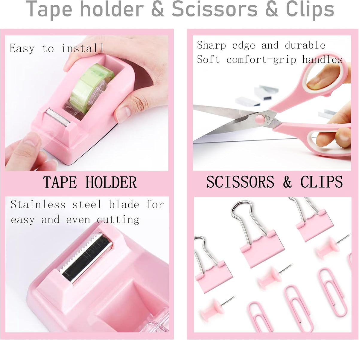 Pink Desk Accessories, Pink Office Supplies Accessories with Tape Dispenser, Stapler, Staple Remover, 1000 Staples, Tape, Clips Set, Ruler, Scissor, Pen