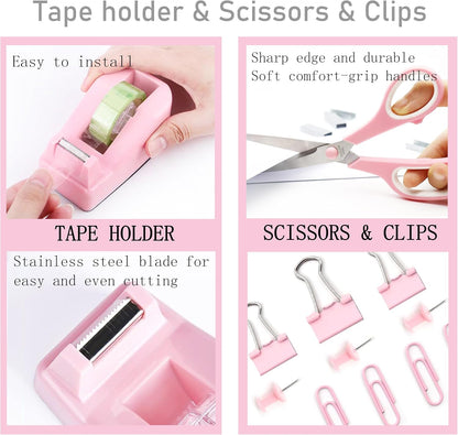 Pink Desk Accessories, Pink Office Supplies Accessories with Tape Dispenser, Stapler, Staple Remover, 1000 Staples, Tape, Clips Set, Ruler, Scissor, Pen