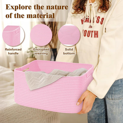2 Pack Large Storage Basket for Organizing, 17.5"x13"x7" Woven Basket for Shelves, Closet Cube Storage Bins with Wrapped Handle, Cotton Rope Baskets for Kitchen, Clothes, Toys(Light Pink)