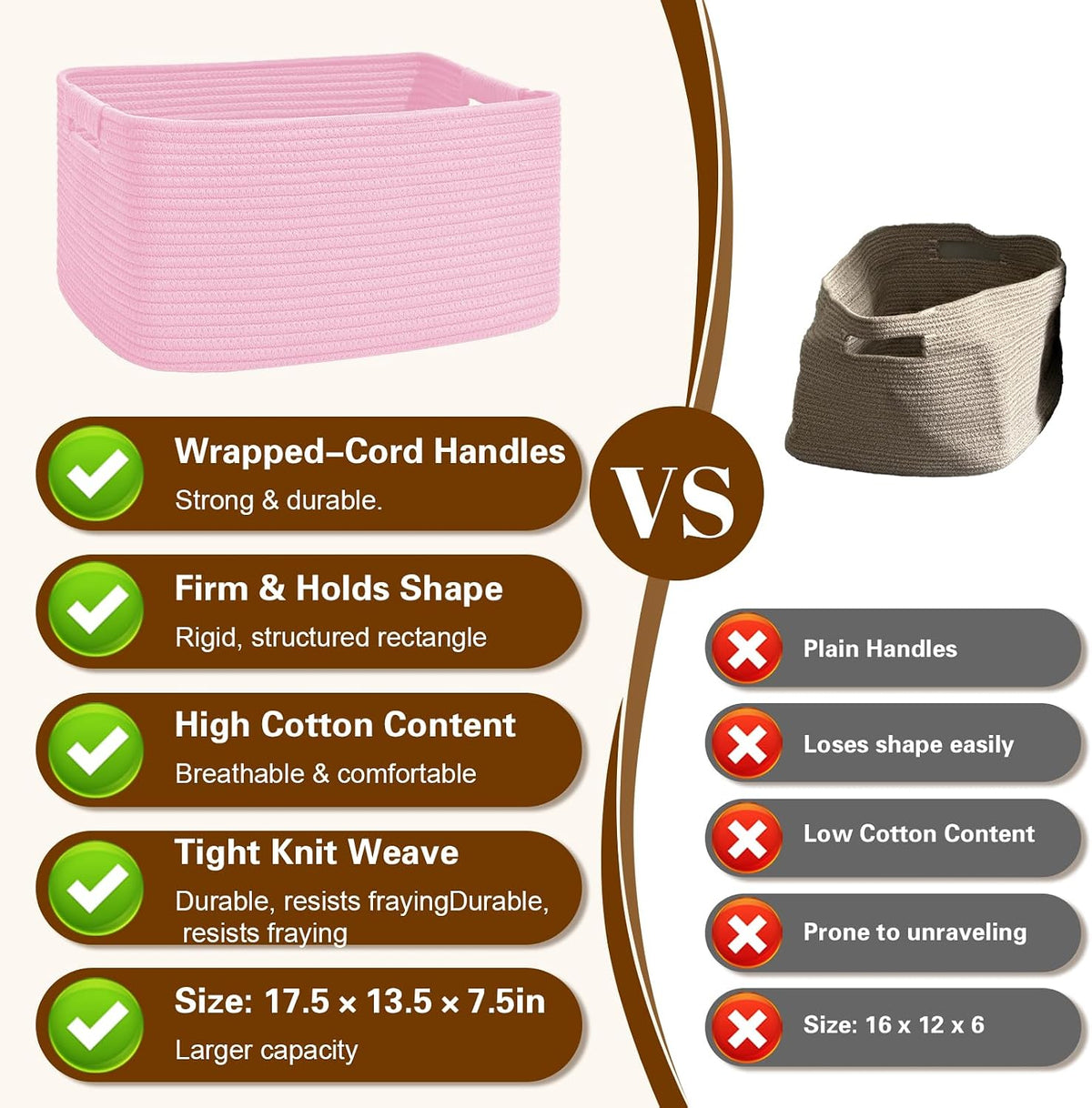 2 Pack Large Storage Basket for Organizing, 17.5"x13"x7" Woven Basket for Shelves, Closet Cube Storage Bins with Wrapped Handle, Cotton Rope Baskets for Kitchen, Clothes, Toys(Light Pink)