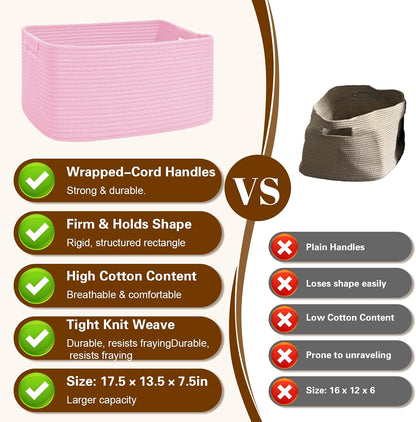 2 Pack Large Storage Basket for Organizing, 17.5"x13"x7" Woven Basket for Shelves, Closet Cube Storage Bins with Wrapped Handle, Cotton Rope Baskets for Kitchen, Clothes, Toys(Light Pink)