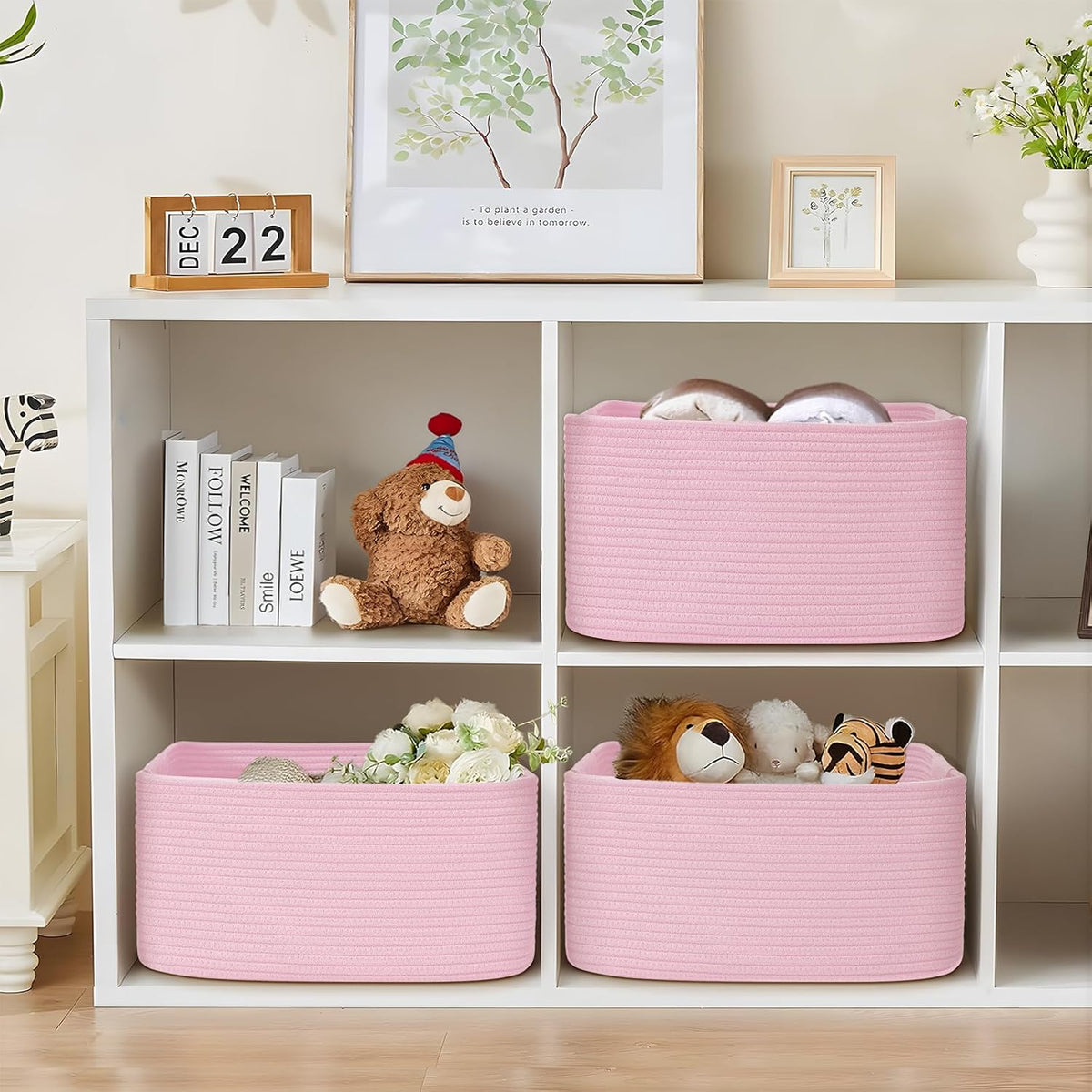 2 Pack Large Storage Basket for Organizing, 17.5"x13"x7" Woven Basket for Shelves, Closet Cube Storage Bins with Wrapped Handle, Cotton Rope Baskets for Kitchen, Clothes, Toys(Light Pink)