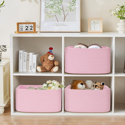 2 Pack Large Storage Basket for Organizing, 17.5"x13"x7" Woven Basket for Shelves, Closet Cube Storage Bins with Wrapped Handle, Cotton Rope Baskets for Kitchen, Clothes, Toys(Light Pink)