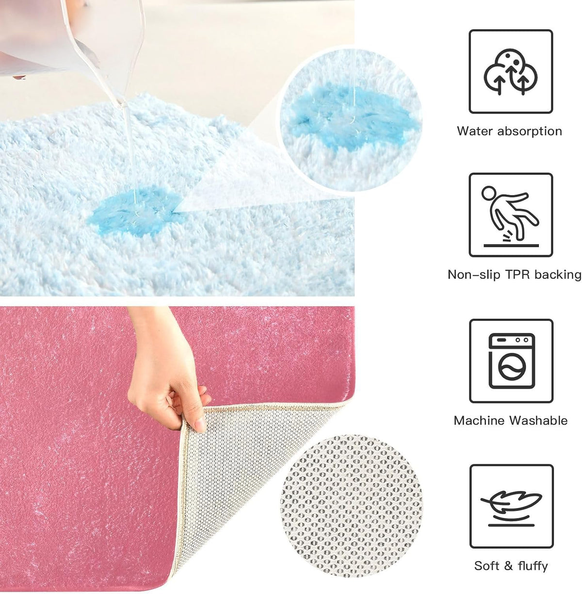 Plain Pink Solid Color Bathroom Rugs, Non Slip Dry Quickly Bath Mat, Absorbent Soft Bath Rugs for Bathroom, Toilet and Shower Floor