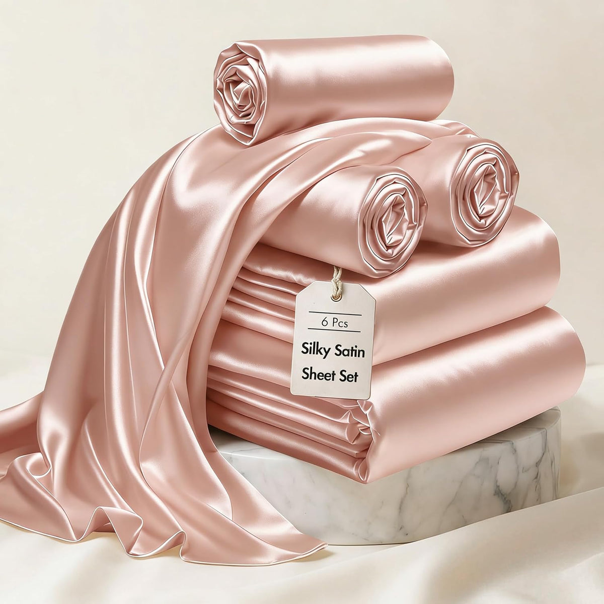 Essentials Satin Sheets Full Size Bed Set, 6 Piece, Blush